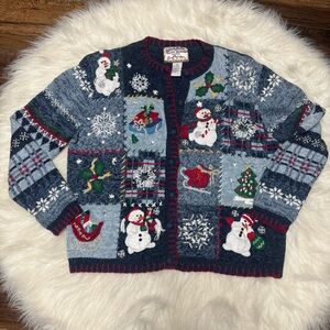 Vintage Knit & Embroidered Christmas Sweater / Button Up Cardigan size Medium P